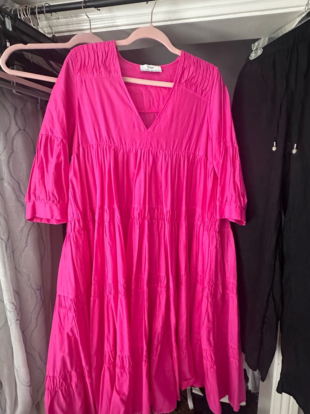 Devotion TWINS Hot Pink Tiered V-Neck Midi Dress